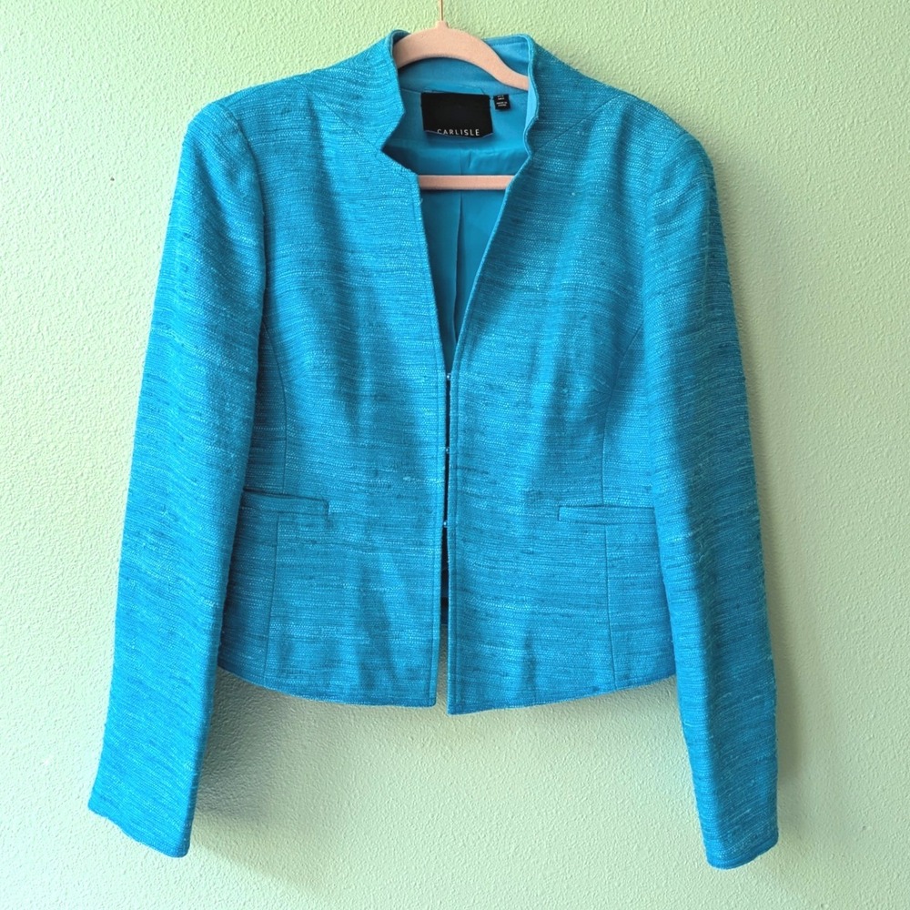 Carlisle Turquoise Blue Knubby Silk Blazer Jacket Size 6 Business Office Work